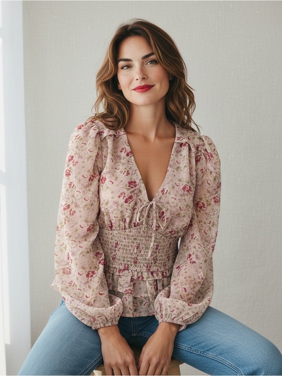 Lush Tops - Lush Blush Magenta Floral Smocked Waist Pink Long Sleeve Blouse Size S